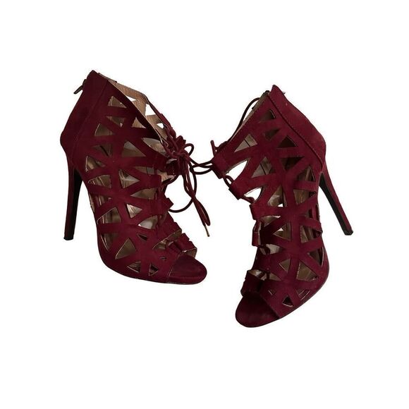 Qupid Burgundy Caged Suede Lace-Up Pumps - Picture 4 of 5